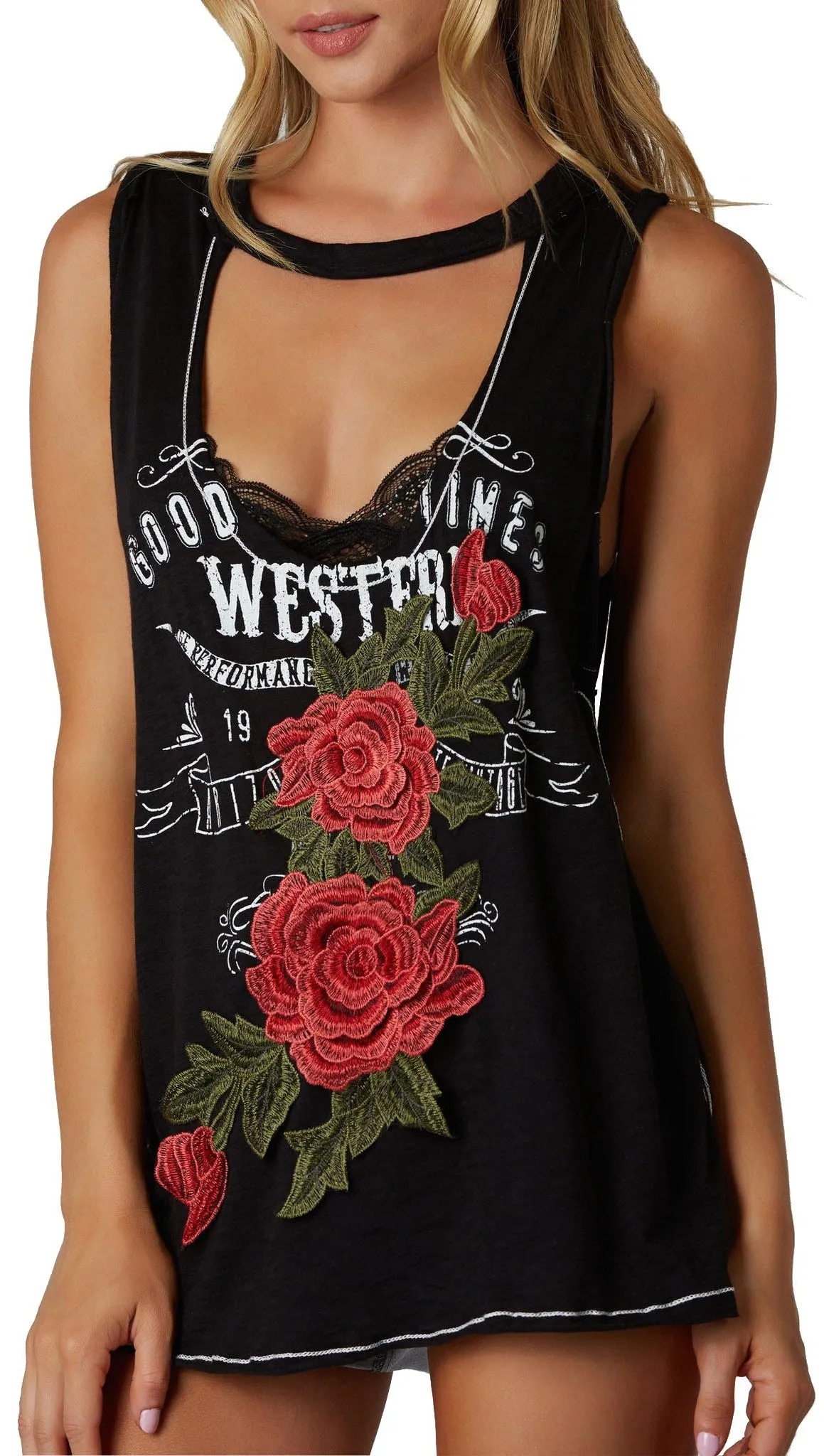 Good Times Rose Patch Cut Out Tank Black