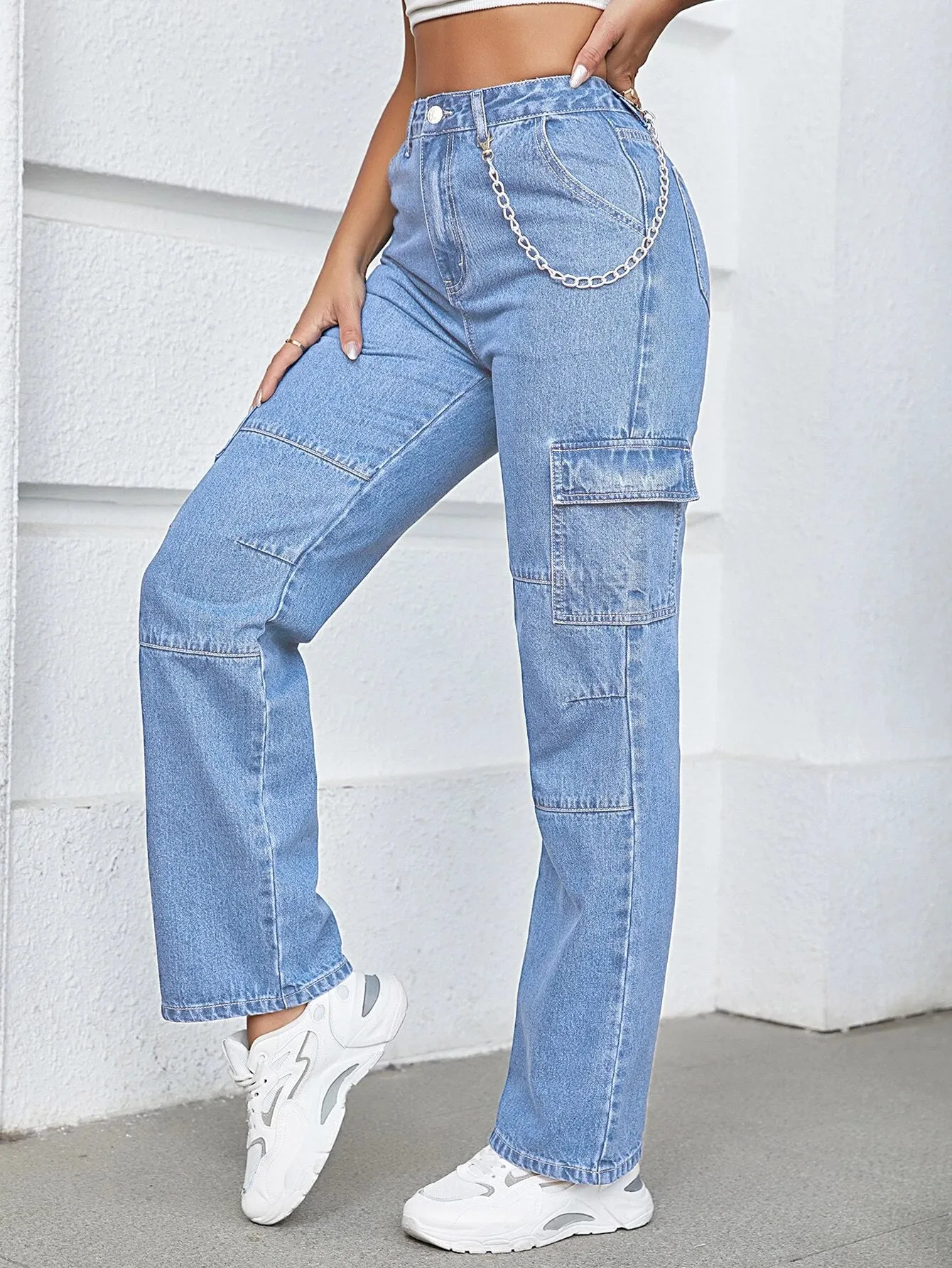 High-Waisted Denim Cargo Pant