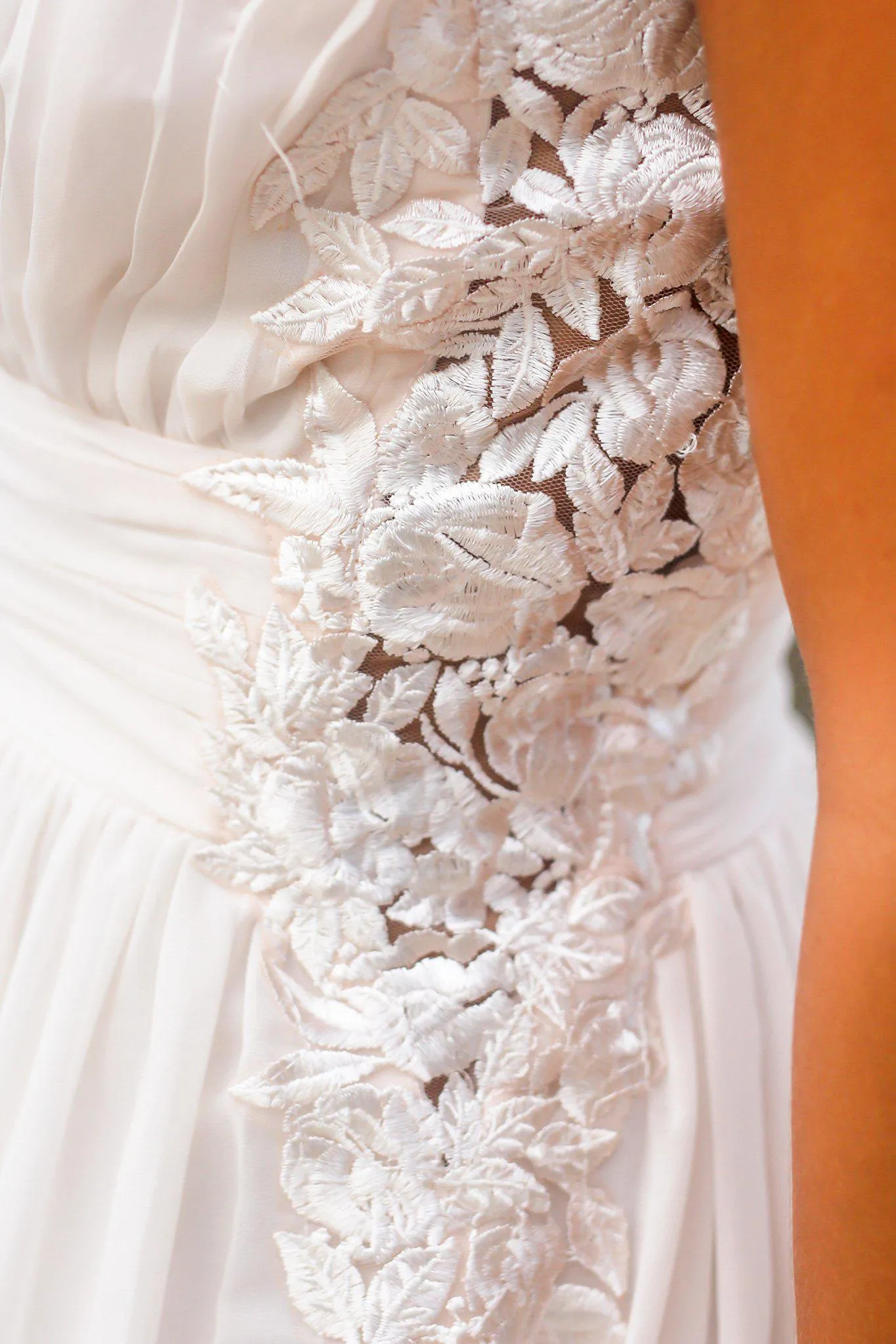 Ivory Pleated Maxi Dress with Embroidered Sides
