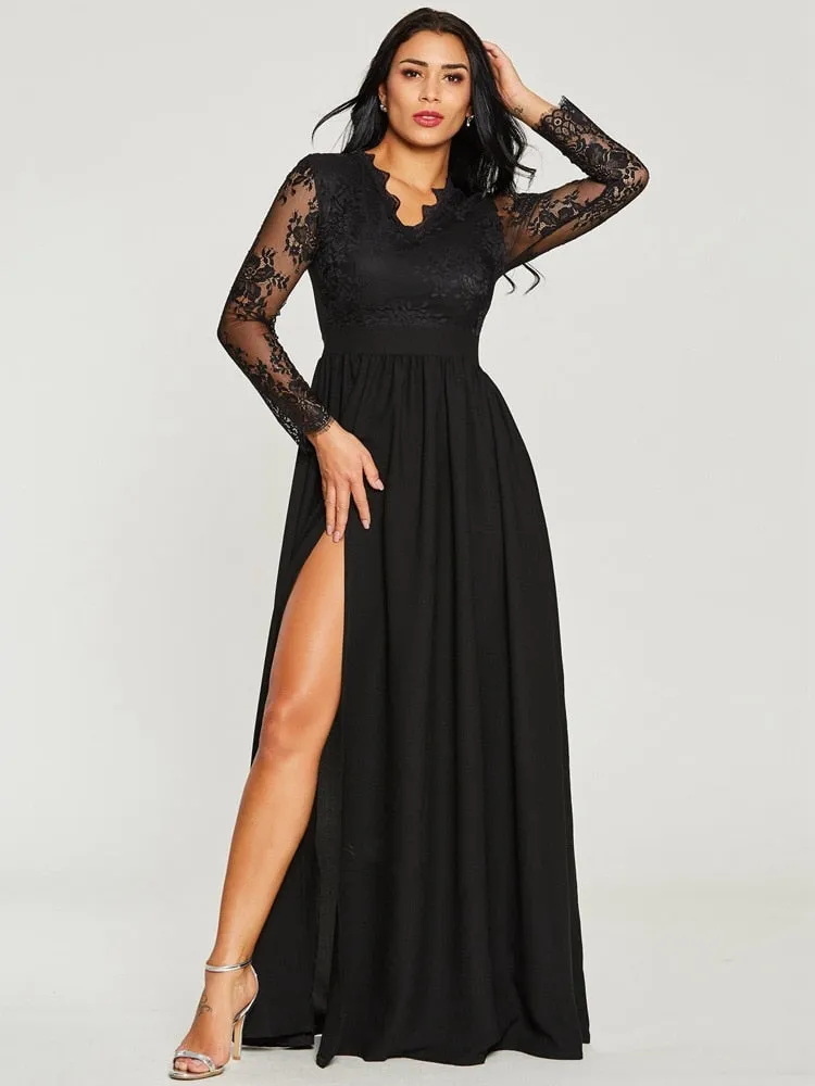 Joskaa Graduation Gift 2024 Spring Summer Black Sexy Lace Long Sleeve High Slit Evening Dresses Ladies V Neck Nightclub Robes Prom Party A Line Gowns