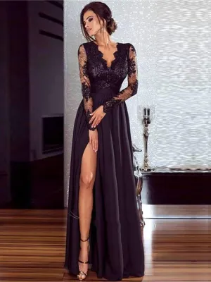 Joskaa Graduation Gift 2024 Spring Summer Black Sexy Lace Long Sleeve High Slit Evening Dresses Ladies V Neck Nightclub Robes Prom Party A Line Gowns