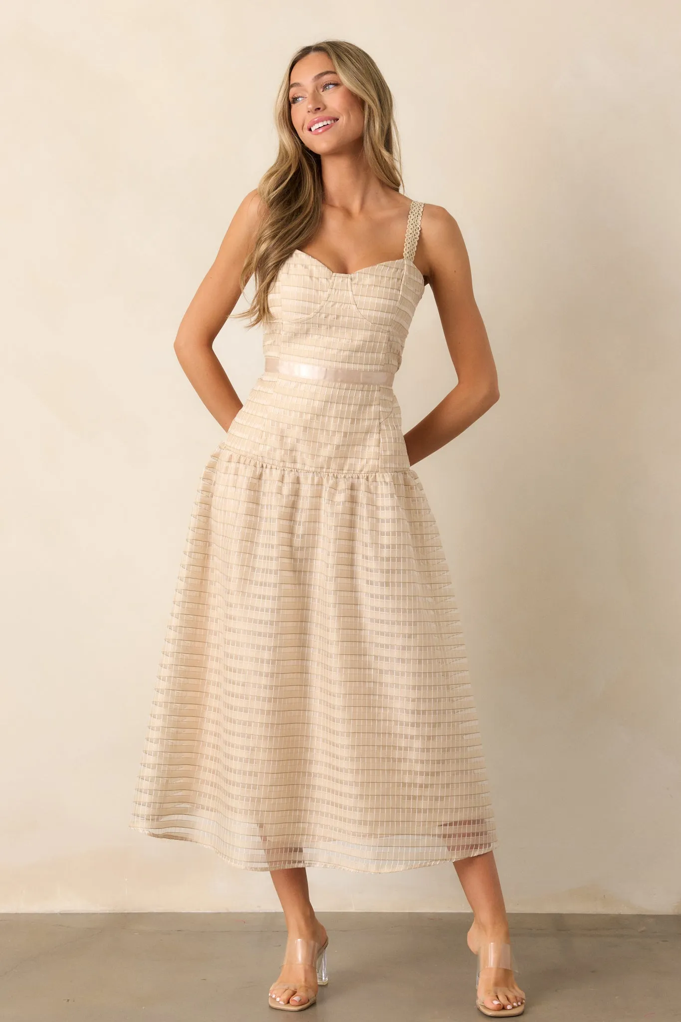 Know Better Tan Embroidered Drop Waist Midi Dress