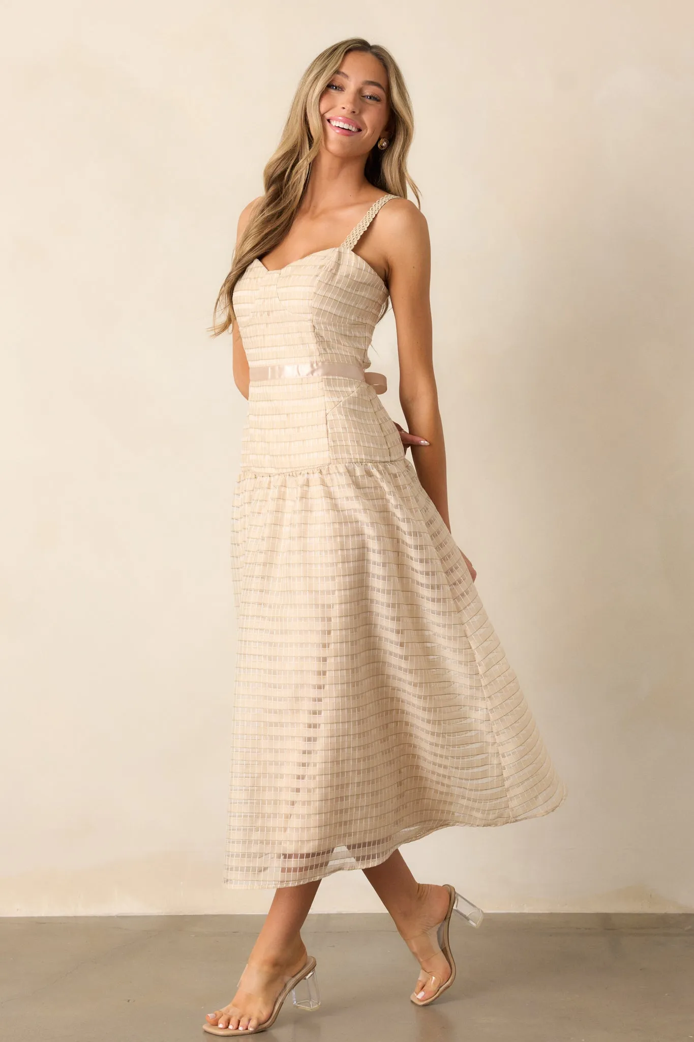 Know Better Tan Embroidered Drop Waist Midi Dress
