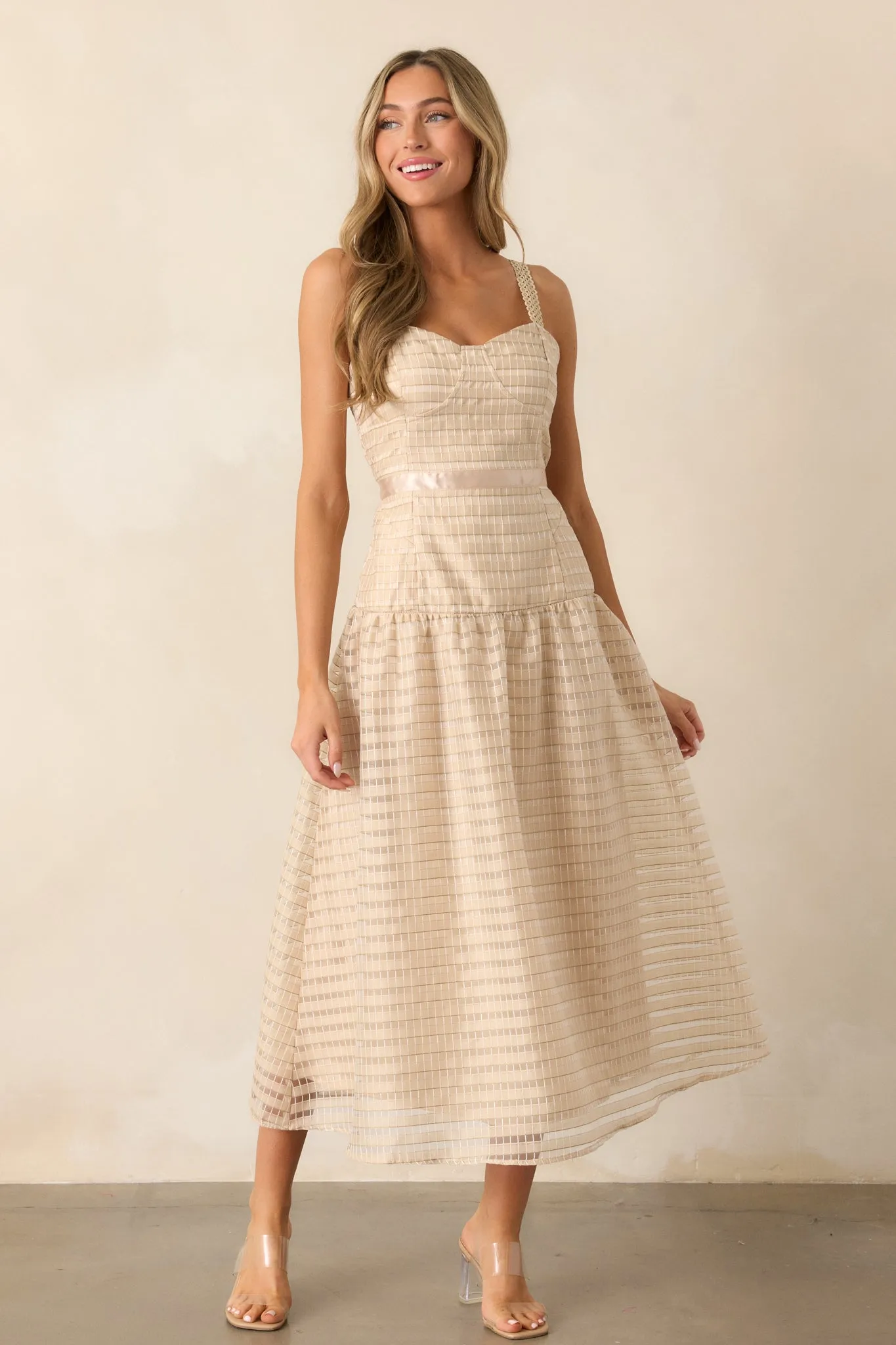 Know Better Tan Embroidered Drop Waist Midi Dress