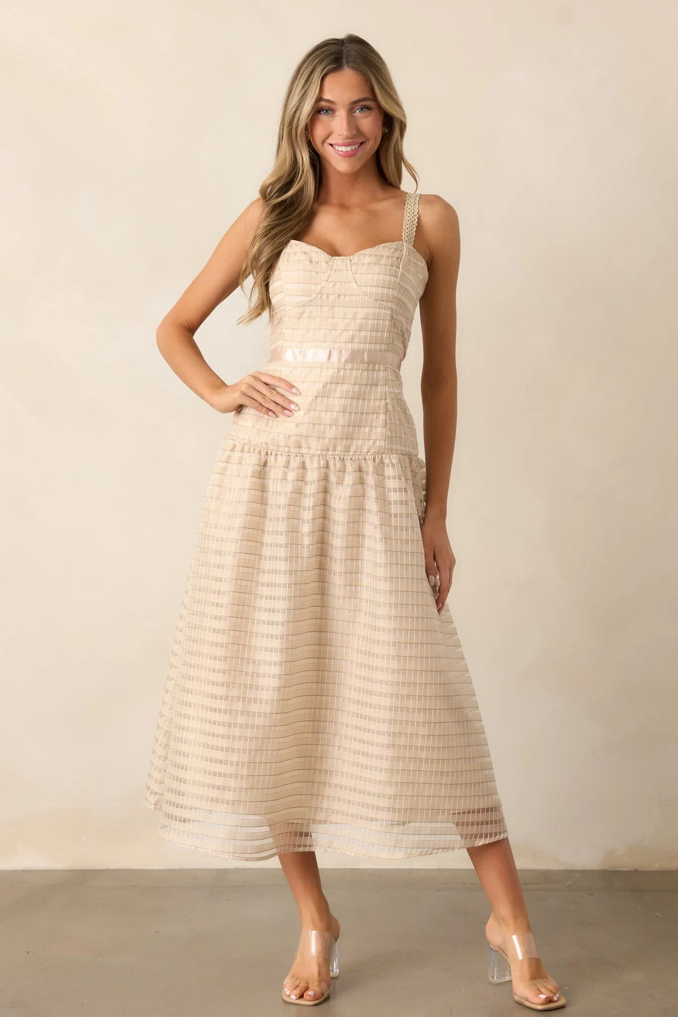Know Better Tan Embroidered Drop Waist Midi Dress
