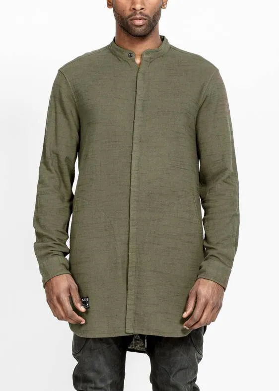 Konus Men's Long Mandarin Collar Shirt w/ Welt Pockets in Olive