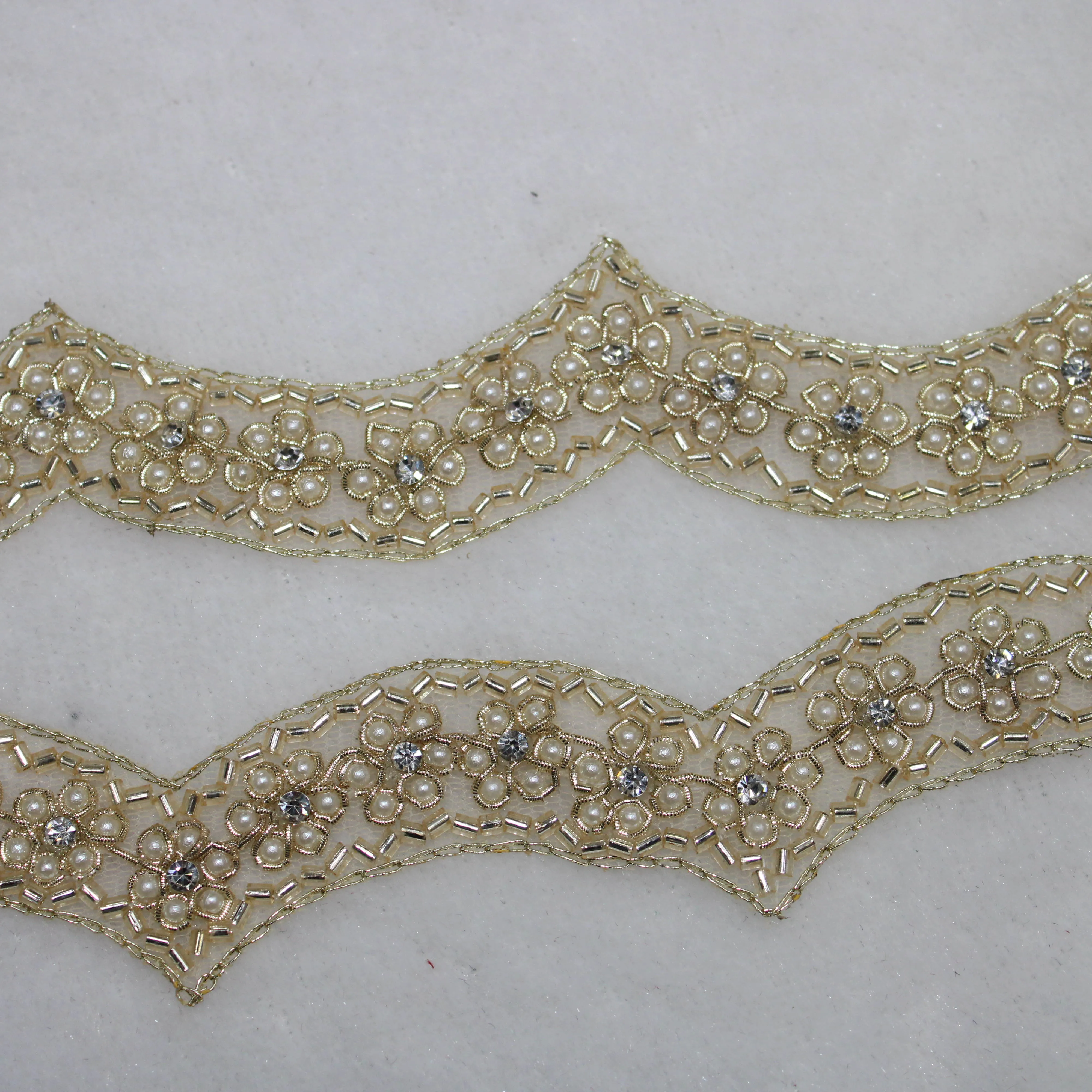 Light Gold Pearl Work Embellished Handwork Trim (Wholesale)