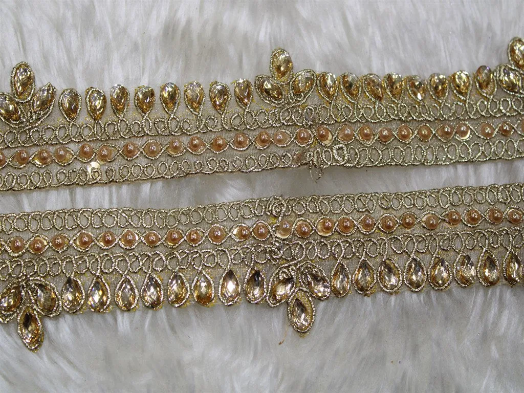 Light Golden Fancy Pearl and Stone Trim Embroidered Border