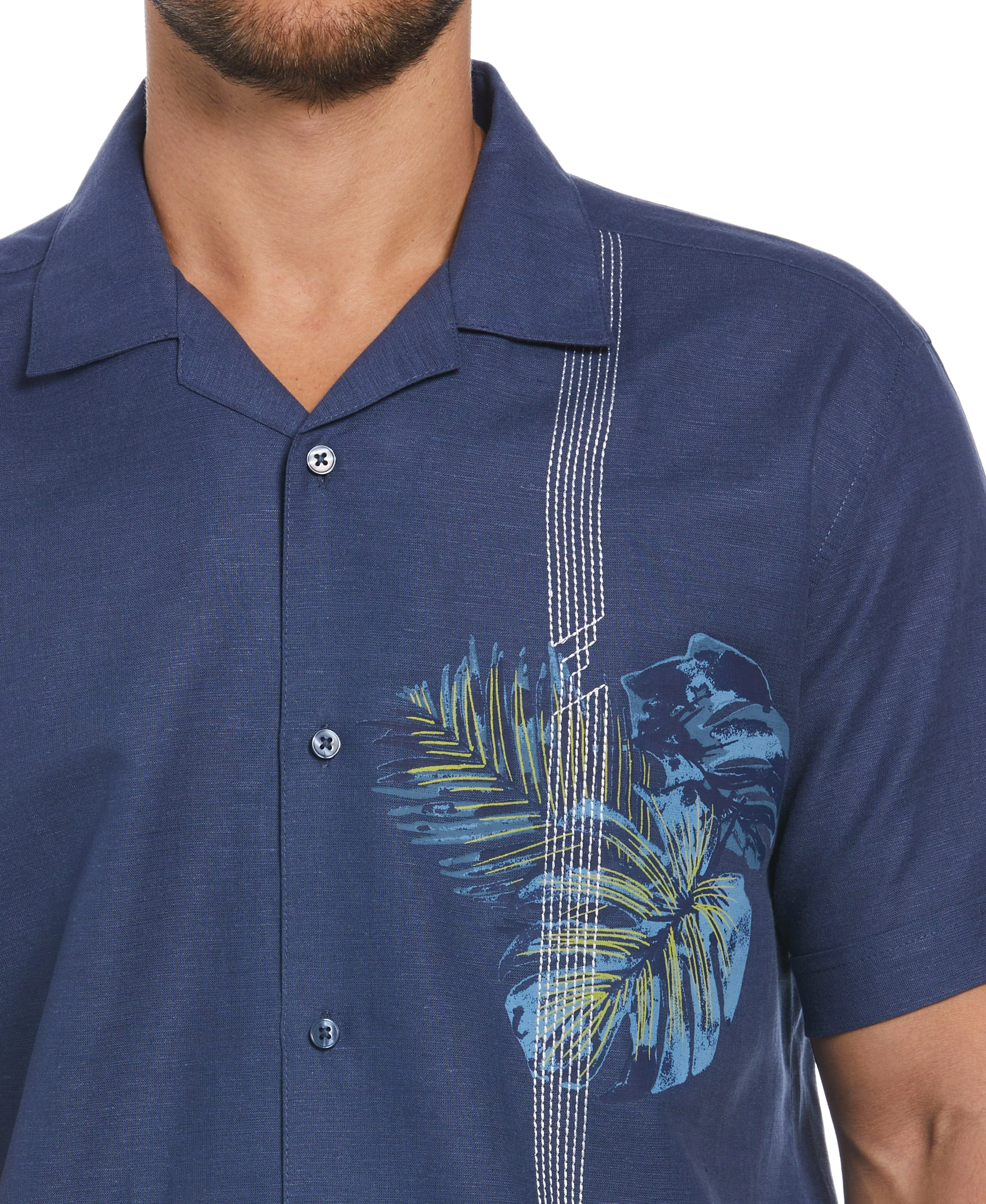 Linen Blend Asymmetrical Tropical Print Cuban Collar Shirt
