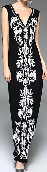 Long Black Embroidered Sleeveless Dress