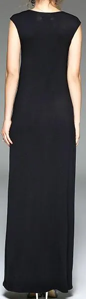 Long Black Embroidered Sleeveless Dress