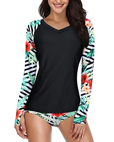 Mid Waist Shorts 2 Piece Long Sleeve Rash Guard For Women-Black And Striped Leaves