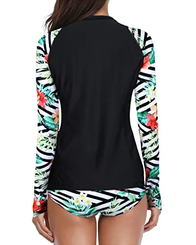 Mid Waist Shorts 2 Piece Long Sleeve Rash Guard For Women-Black And Striped Leaves