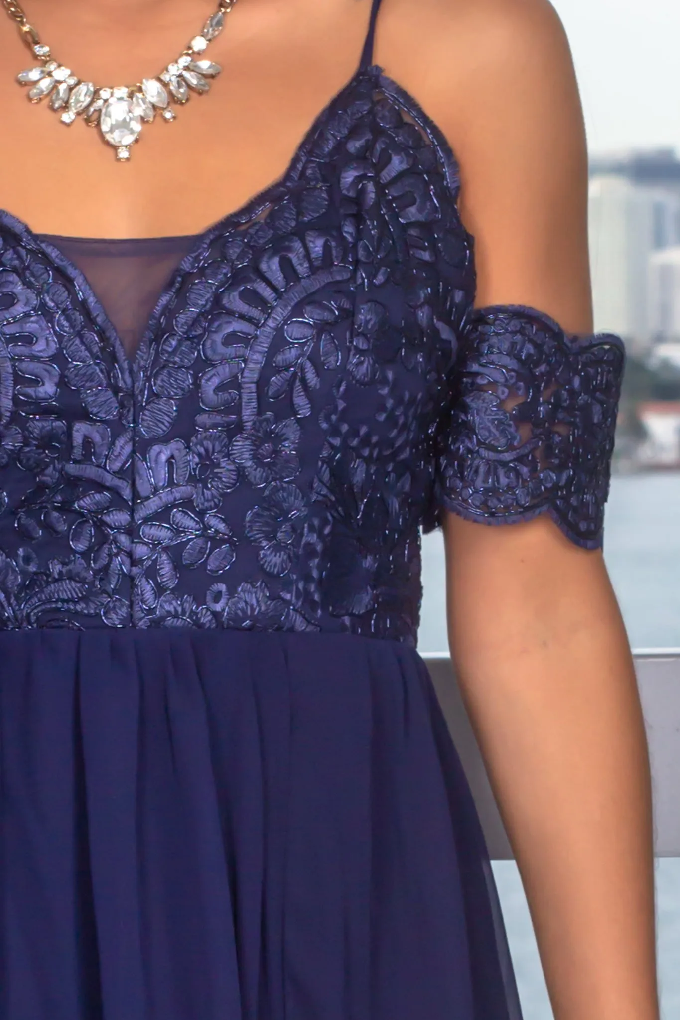 Midnight Off Shoulder Embroidered Top Maxi Dress