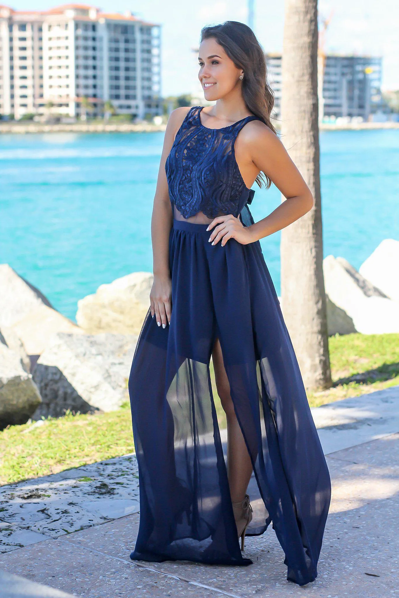 Navy Maxi Dress with Embroidered Top and Open Back