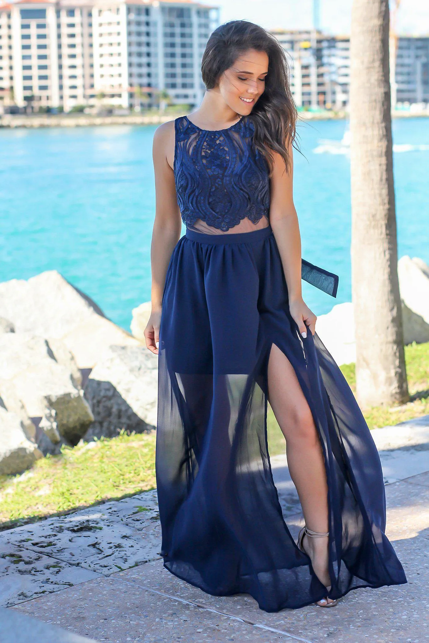 Navy Maxi Dress with Embroidered Top and Open Back