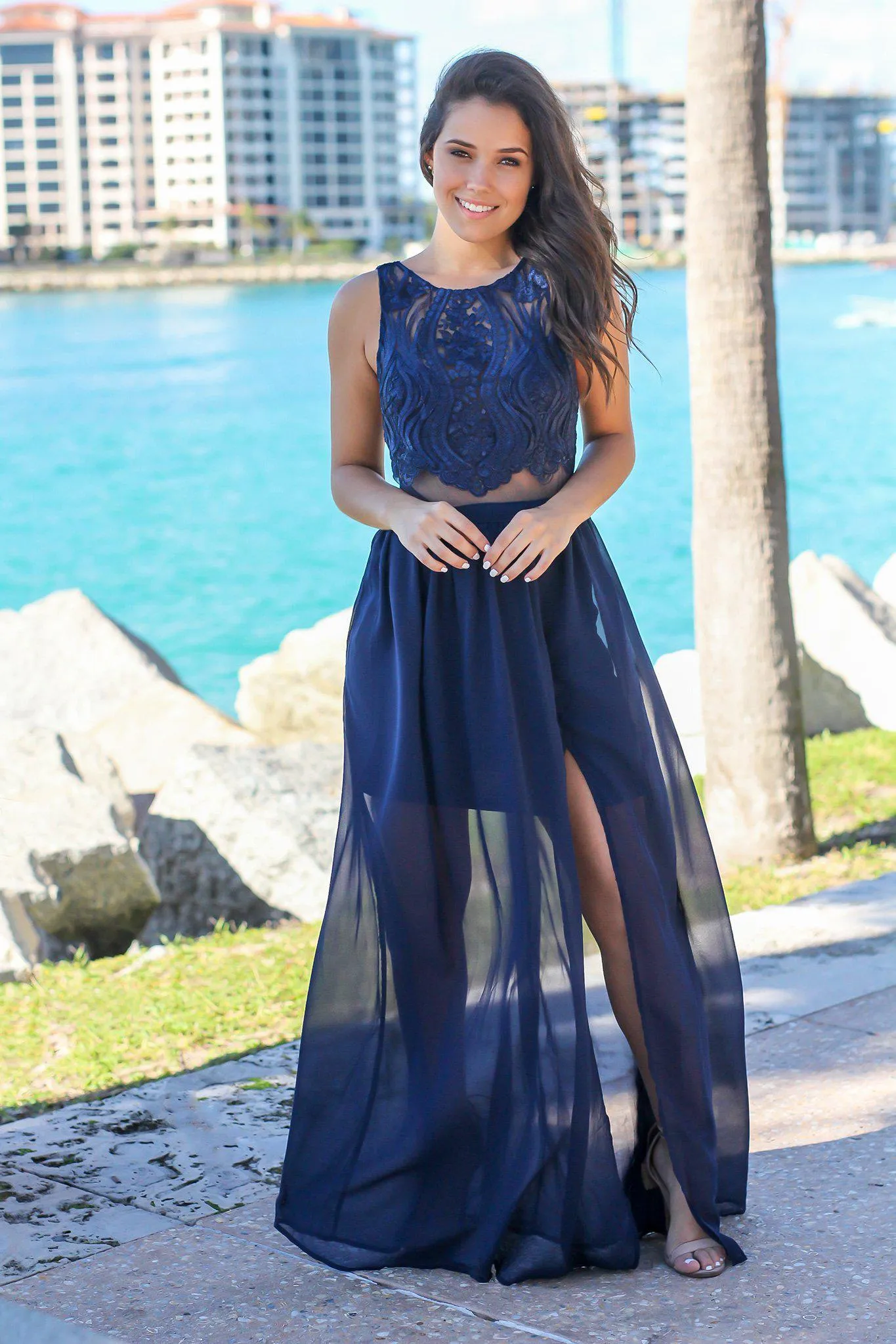 Navy Maxi Dress with Embroidered Top and Open Back