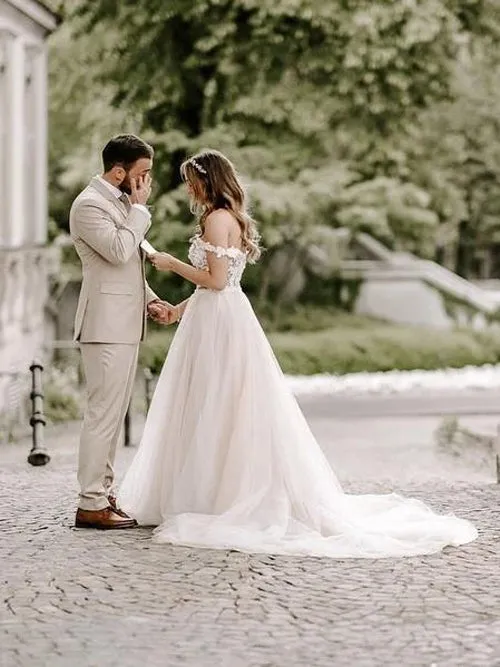NumberSea Wonderful Appliqued A-line Wedding Dresses With Cap Sleeves Tulle Gowns,MW443