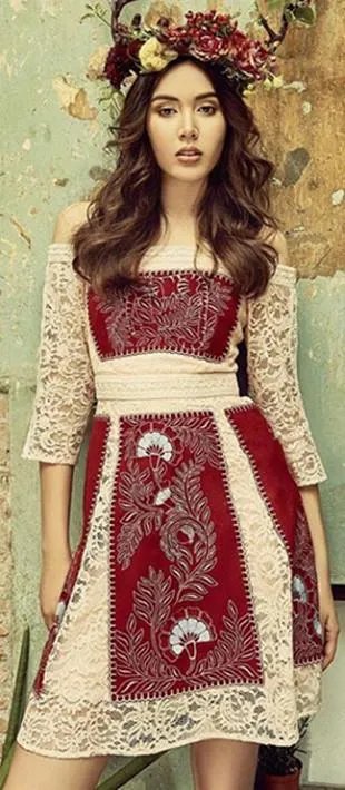 Off-The-Shoulder Embroidered Lace A-Line Dress