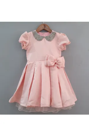 Peach Pearl Embroidered Pleated Dress