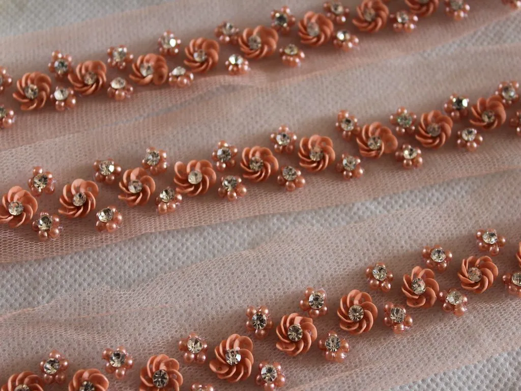 Peach Sequins and Pearl Work Embroidered Border