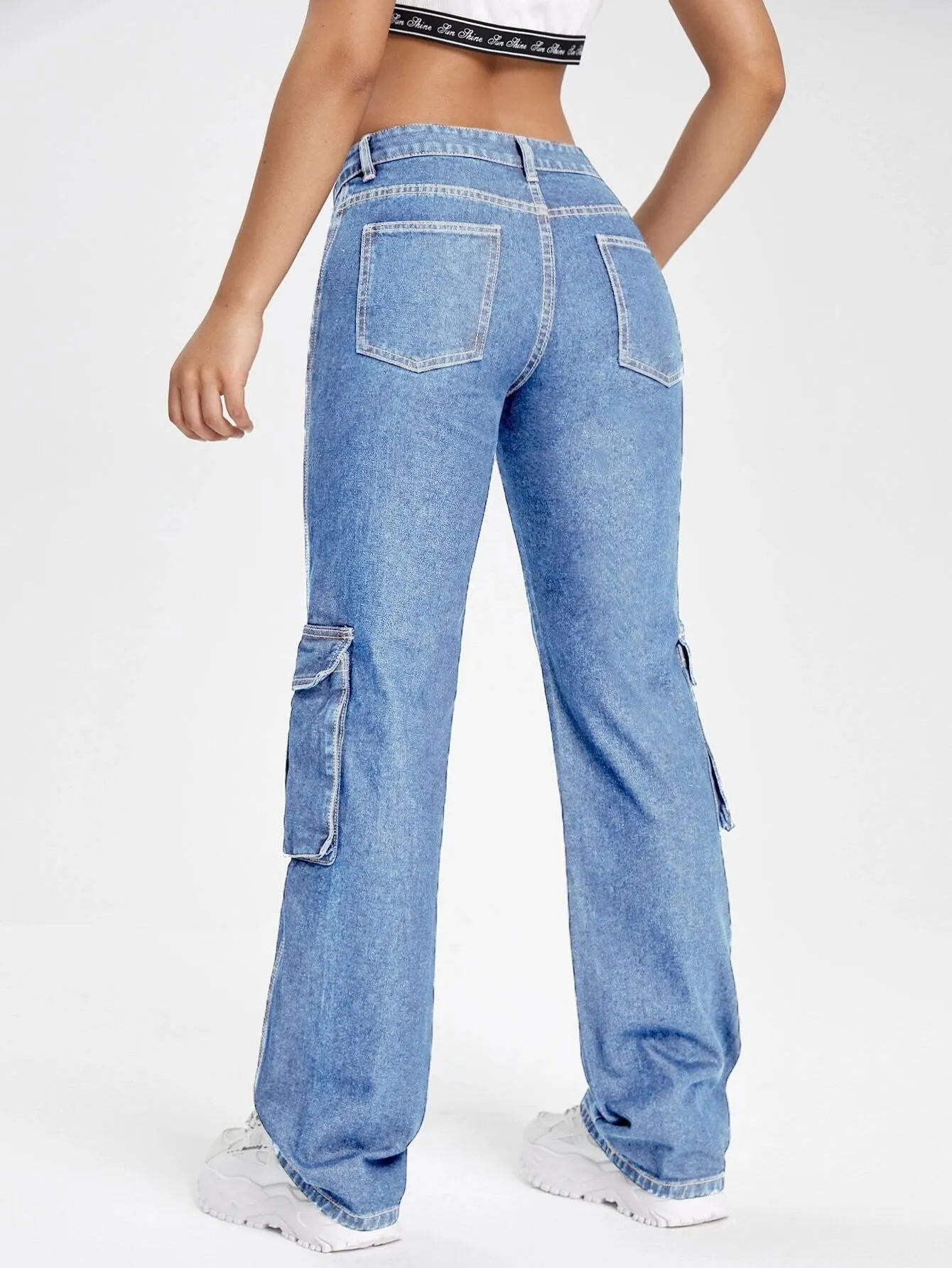 Plain Flap Pocket Regular Fit Cargo Jeans