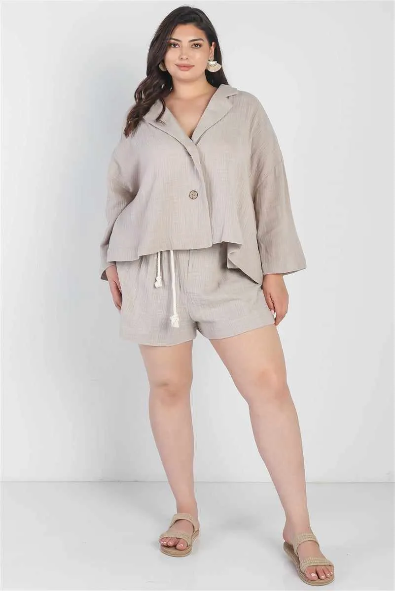 Plus Size Grey Blazer and High Waist Shorts Set