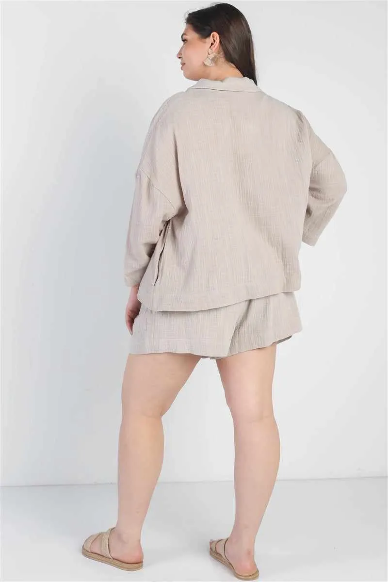Plus Size Grey Blazer and High Waist Shorts Set