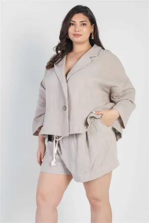 Plus Size Grey Blazer and High Waist Shorts Set
