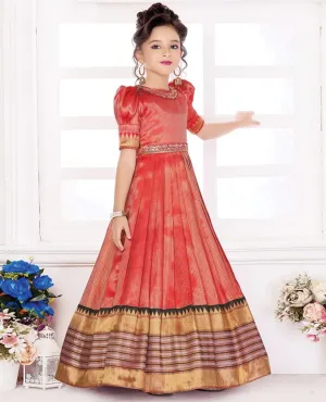 Red micro-checked design embroidered boat-neck puff elbow-sleeve full-length gown