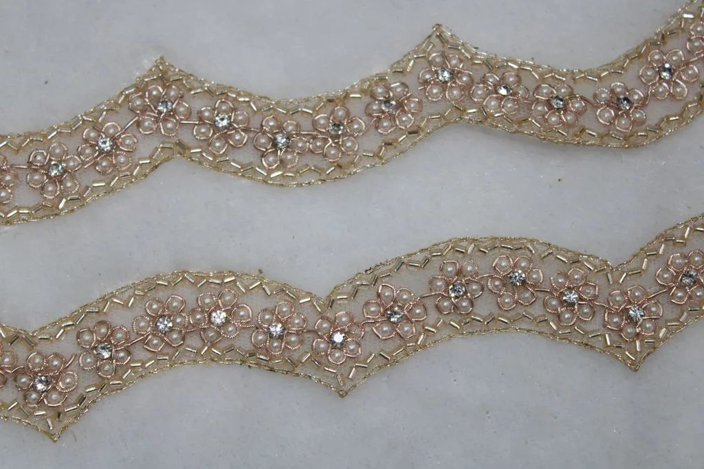 Rose Gold Fancy Pearl Work Embroidered Border