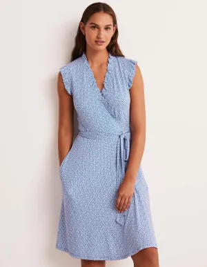 Ruffle Fixed Wrap Jersey Dress-Bluebell, Geo Blooms