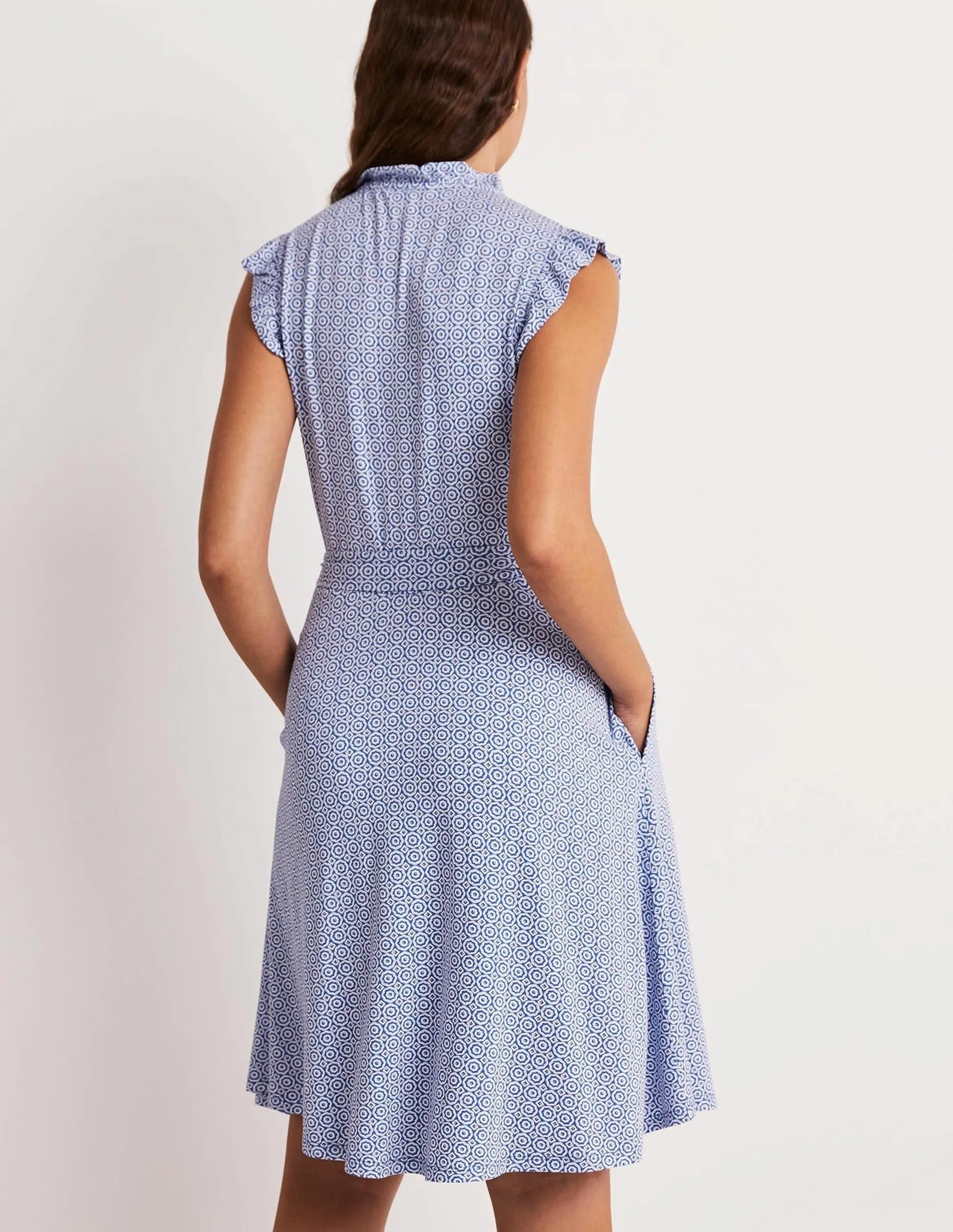 Ruffle Fixed Wrap Jersey Dress-Bluebell, Geo Blooms