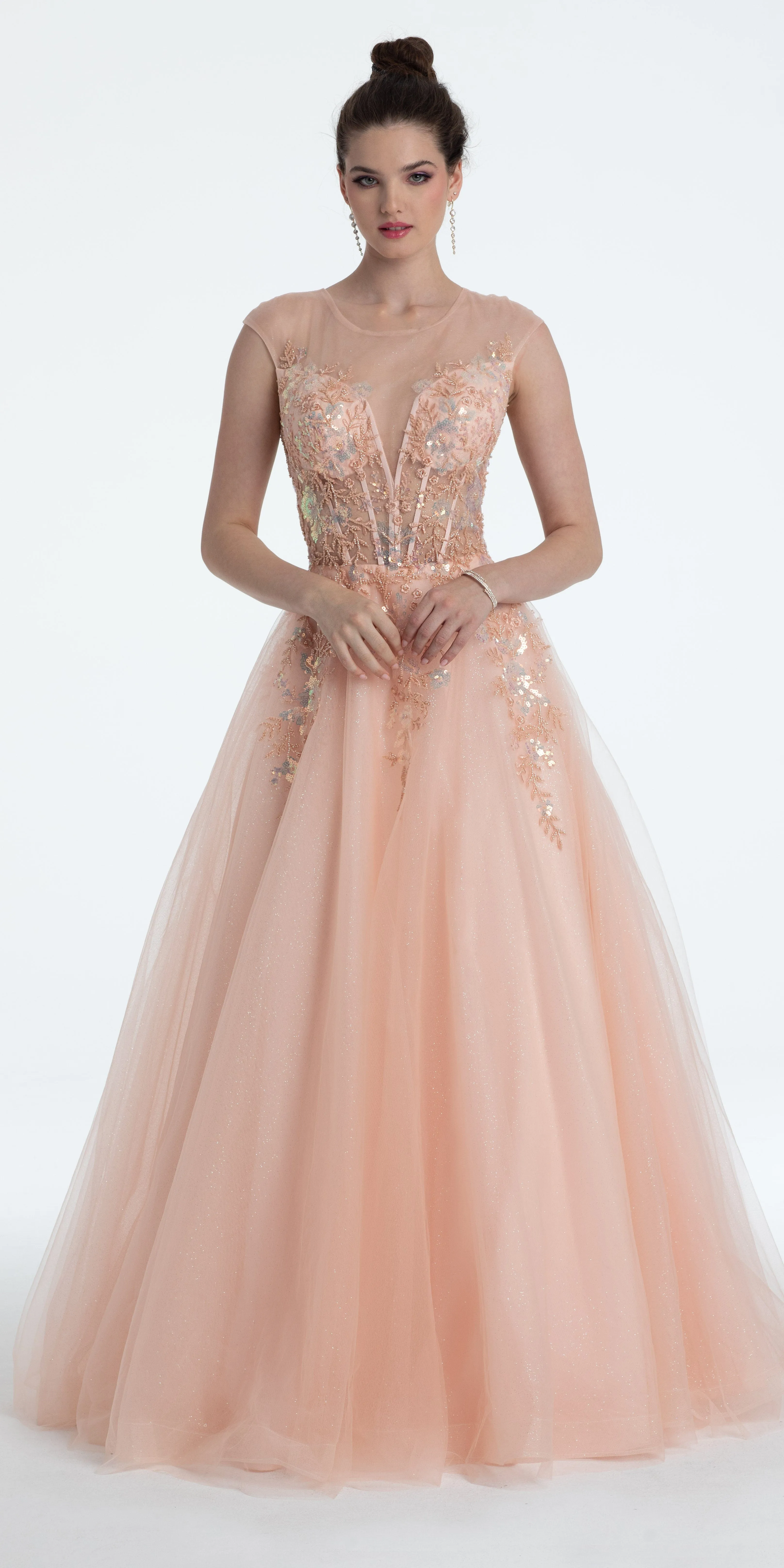 Sequin Embroidered Illusion Cap Sleeve Corset Ballgown
