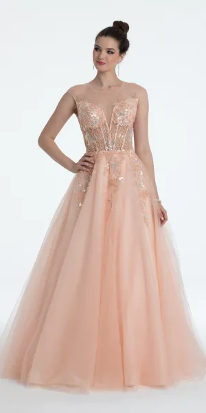 Sequin Embroidered Illusion Cap Sleeve Corset Ballgown