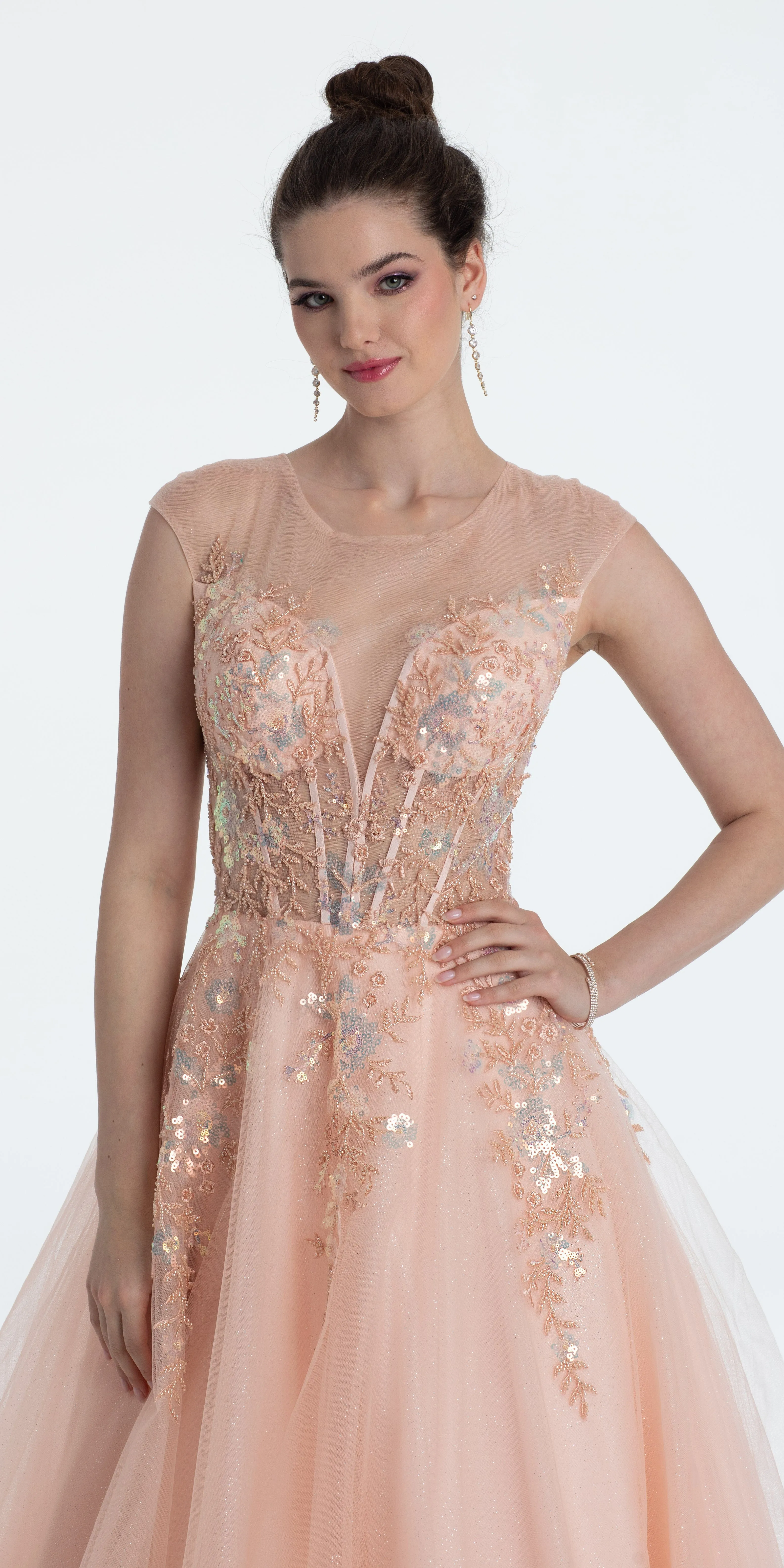 Sequin Embroidered Illusion Cap Sleeve Corset Ballgown