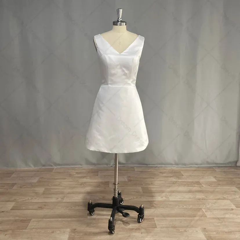 Short Mini Satin V Neck Bridal Gown Large Bow Open Back Sleeveless Above Knee Length Wedding Party Dress