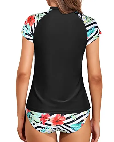 Short Sleeve Swim Shirt With Half Front Zipper For Women-Black And Striped Leaves