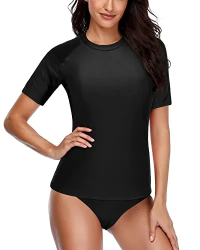 Short Sleeve Women's Rash Guard Set With Bikini Bottom Upf 50  Spf-Black