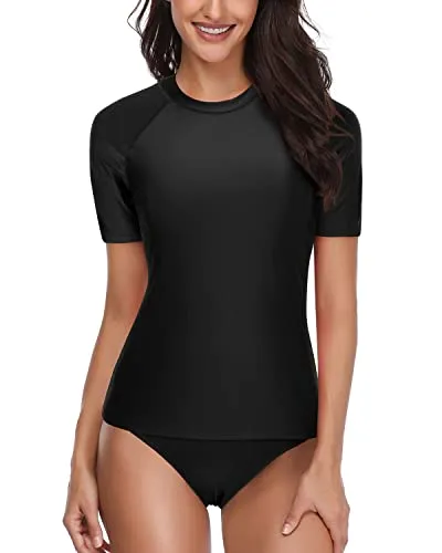 Short Sleeve Women's Rash Guard Set With Bikini Bottom Upf 50  Spf-Black