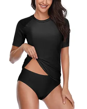 Short Sleeve Women's Rash Guard Set With Bikini Bottom Upf 50  Spf-Black