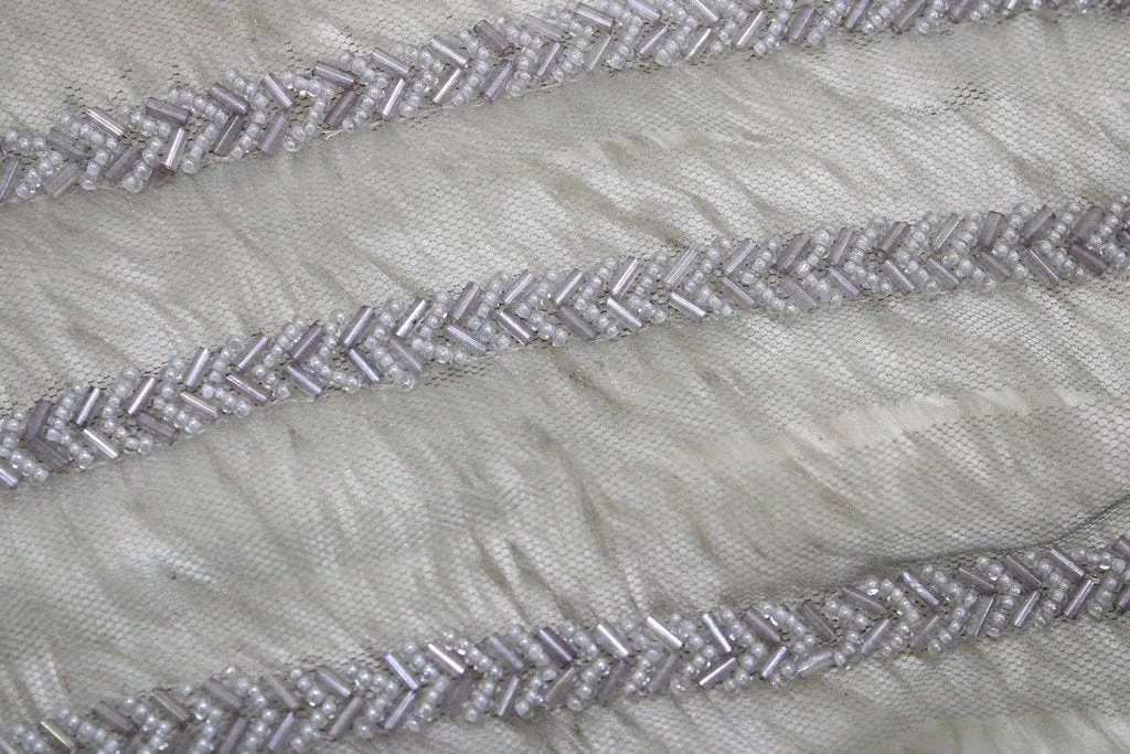 Silver Embellished Hand Beads Work Embroidered Lace