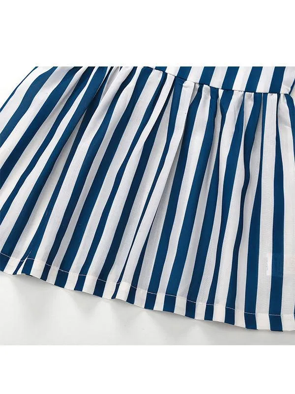 Sleeveless Cotton Striped Pleated Dress Strapped for Baby Toddler Girls