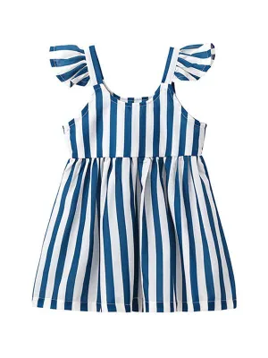 Sleeveless Cotton Striped Pleated Dress Strapped for Baby Toddler Girls