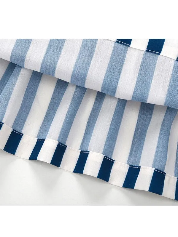 Sleeveless Cotton Striped Pleated Dress Strapped for Baby Toddler Girls