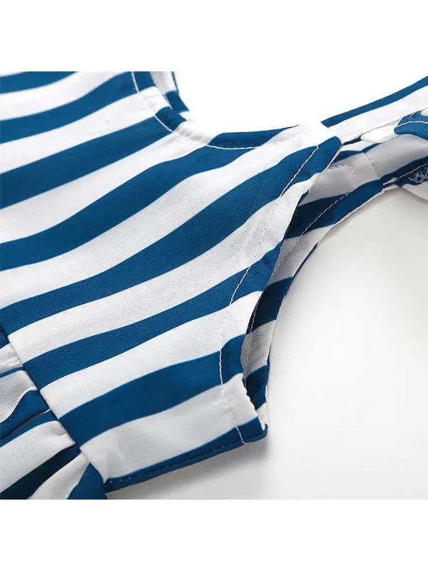 Sleeveless Cotton Striped Pleated Dress Strapped for Baby Toddler Girls