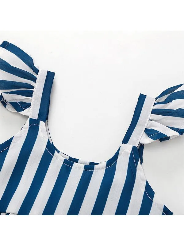 Sleeveless Cotton Striped Pleated Dress Strapped for Baby Toddler Girls