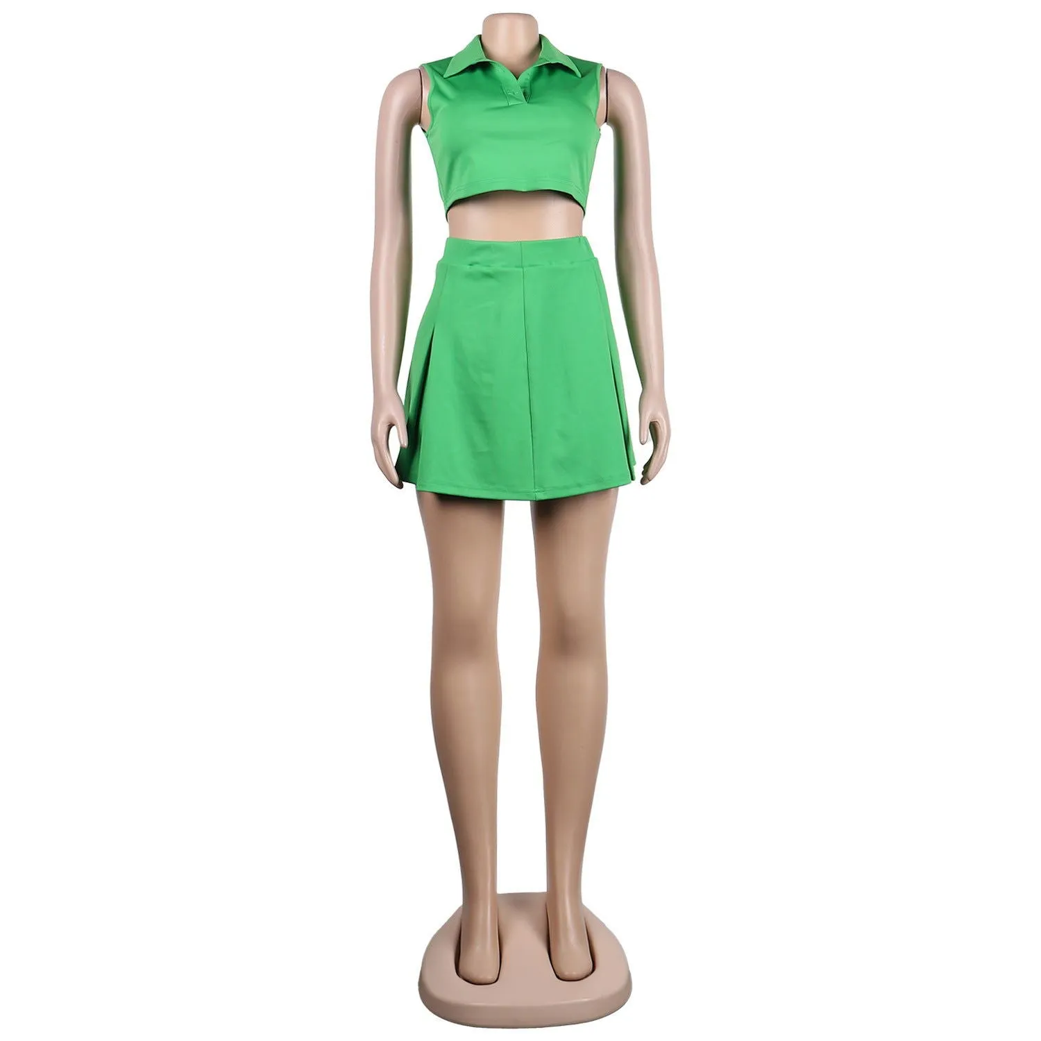 Sleeveless V-Neck Polo Collared Crop Top and Mini Skirts