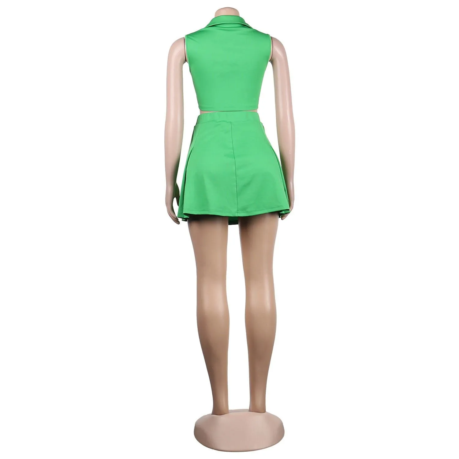 Sleeveless V-Neck Polo Collared Crop Top and Mini Skirts