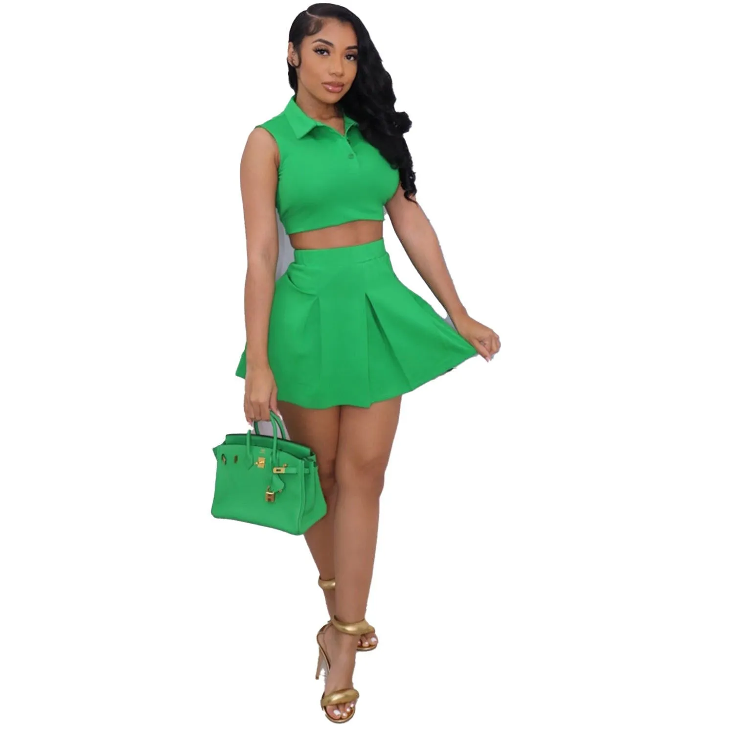 Sleeveless V-Neck Polo Collared Crop Top and Mini Skirts